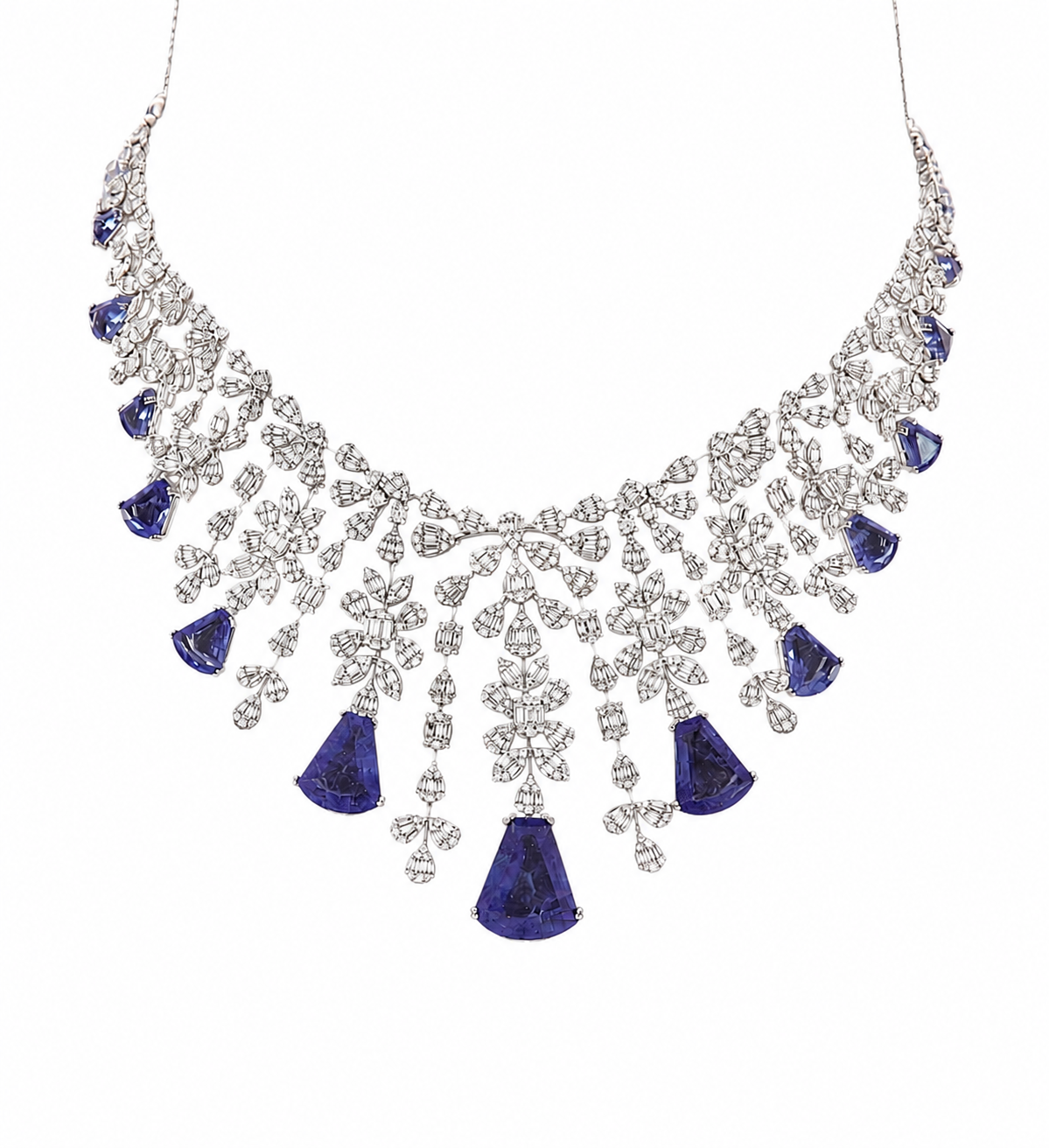 Luxury Natural Diamond & Blue Zirconia Necklace In 18K White Gold