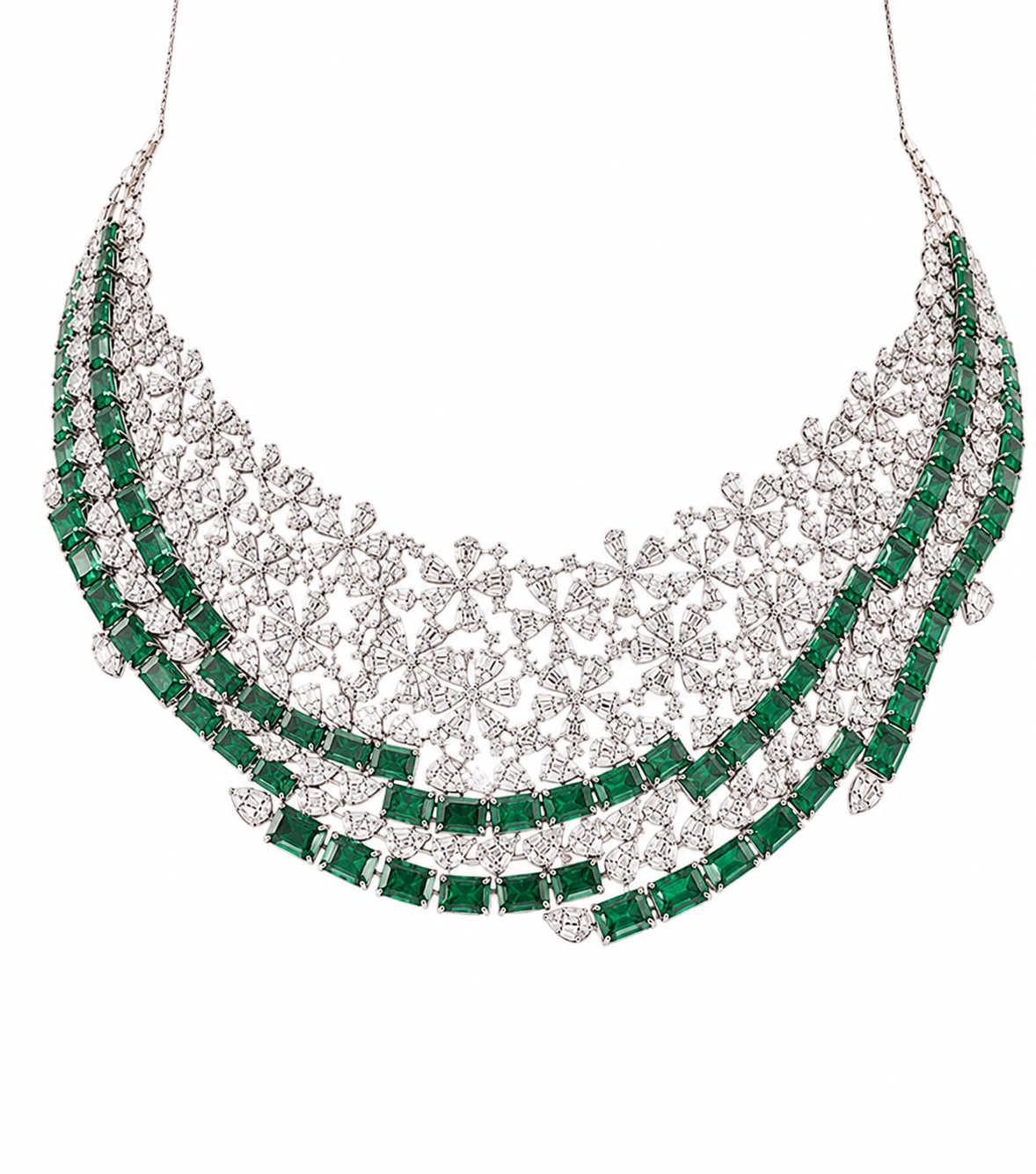 Luxury Natural Diamond & Green Zirconia Necklace In 18K White Gold
