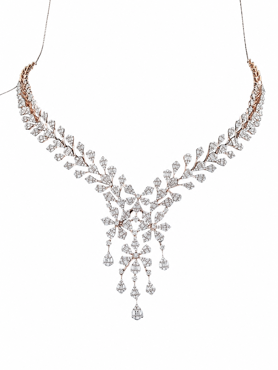 Luxury Natural Baguette & Round Diamond Necklace In 18K White Gold